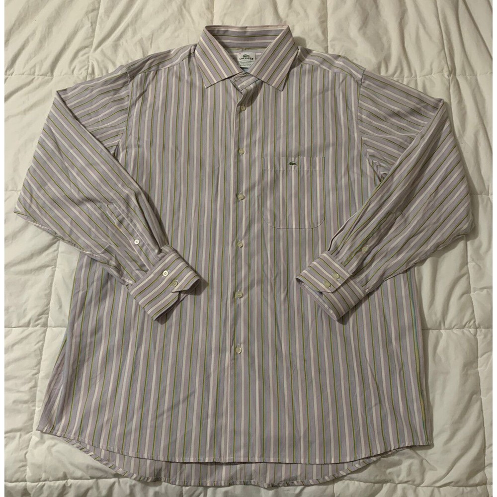 Men's Lacoste Shirt Size 45 XL Purple Yellow Blue Pinstripe